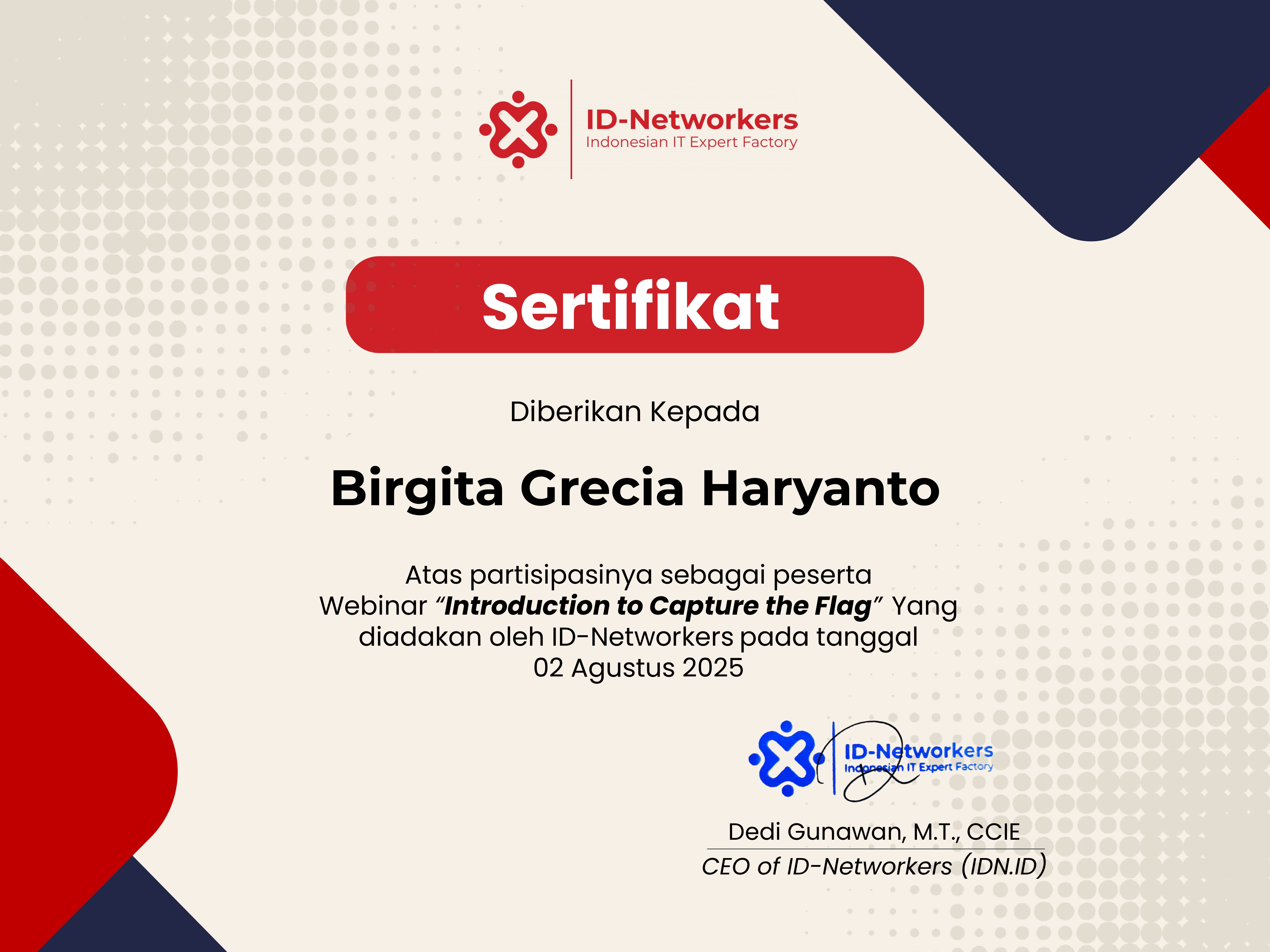 Sertifikat Webinar Capture the Flag